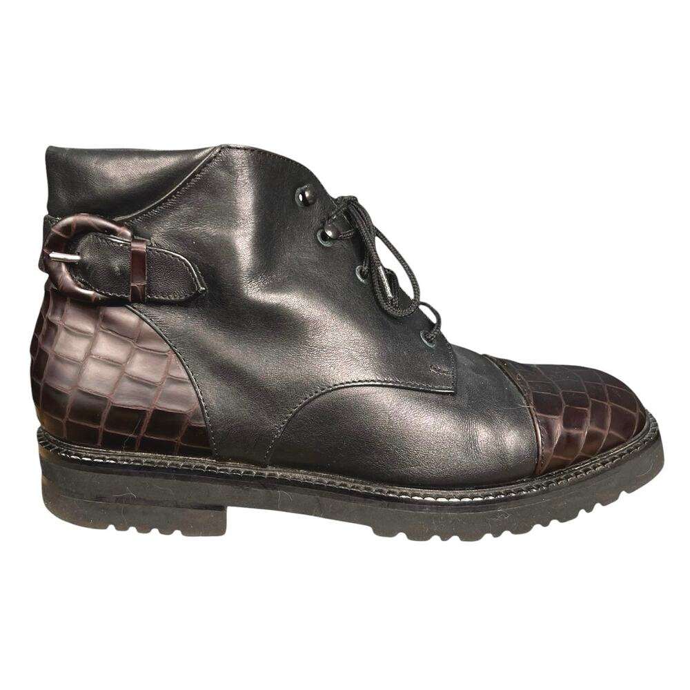 Vintage Gorsuch Black Leather Brown Croc Cap Toe Lined Ankle Boot Size 7.5